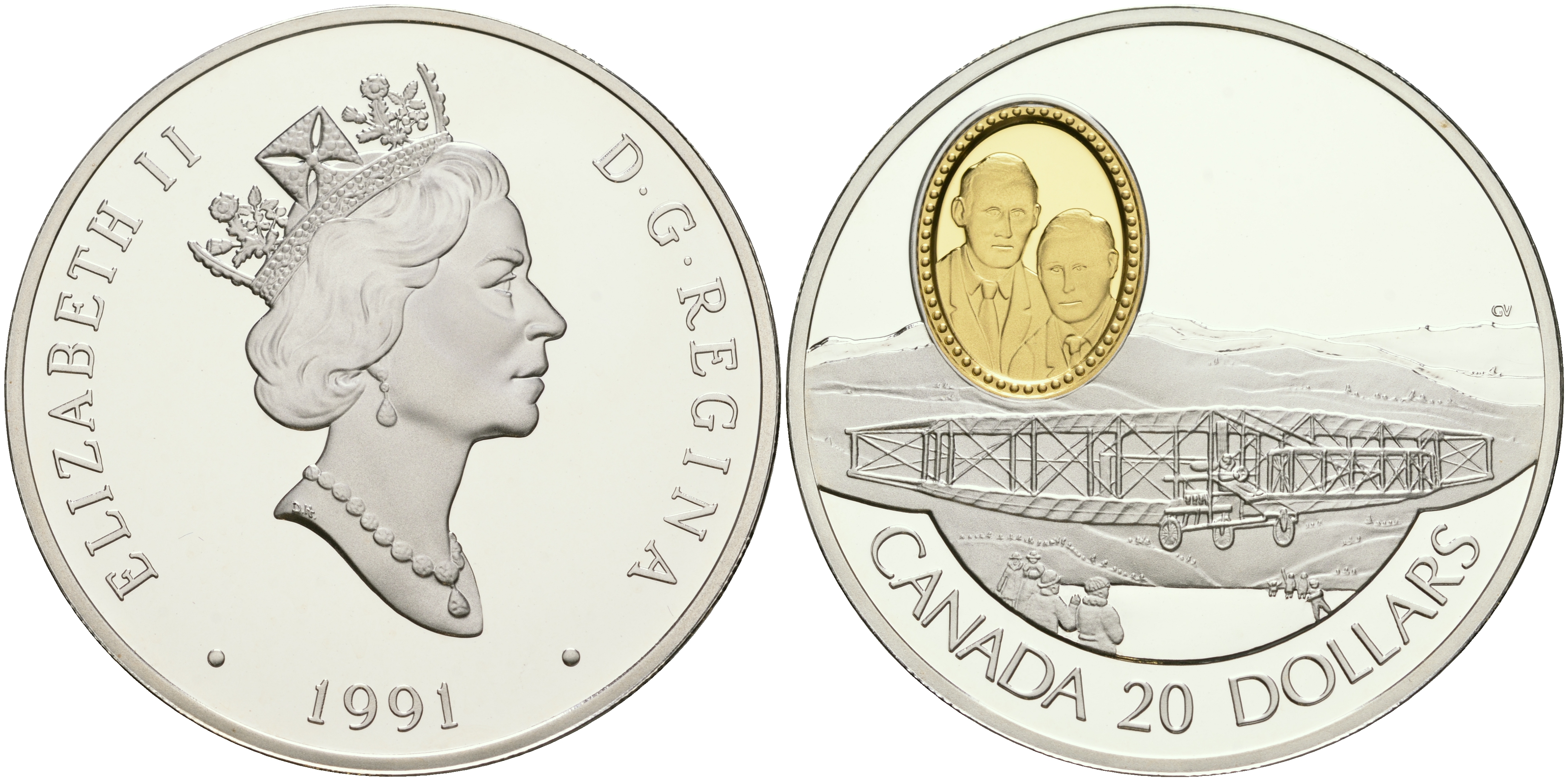 Канада 20 долларов 1991 пионеры авиации Дуглас МакКарди и Александр Белл, самолет серебряный дротик (Silver Dart), в оригинальной коробке с сертификатом KM 196 серебро, позолота PROOF 5-4-5-17