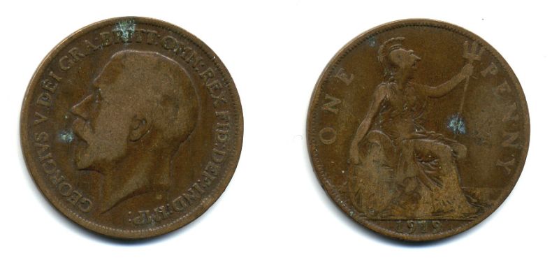 Великобритания 1 пенни 1919 Георг V (1910-1936) КМ 810, Spink 4051 бронза 47-232