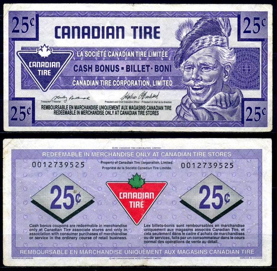 Канада купон на 25 центов 1992 Canadian Tire бумага 2195-30-2-1