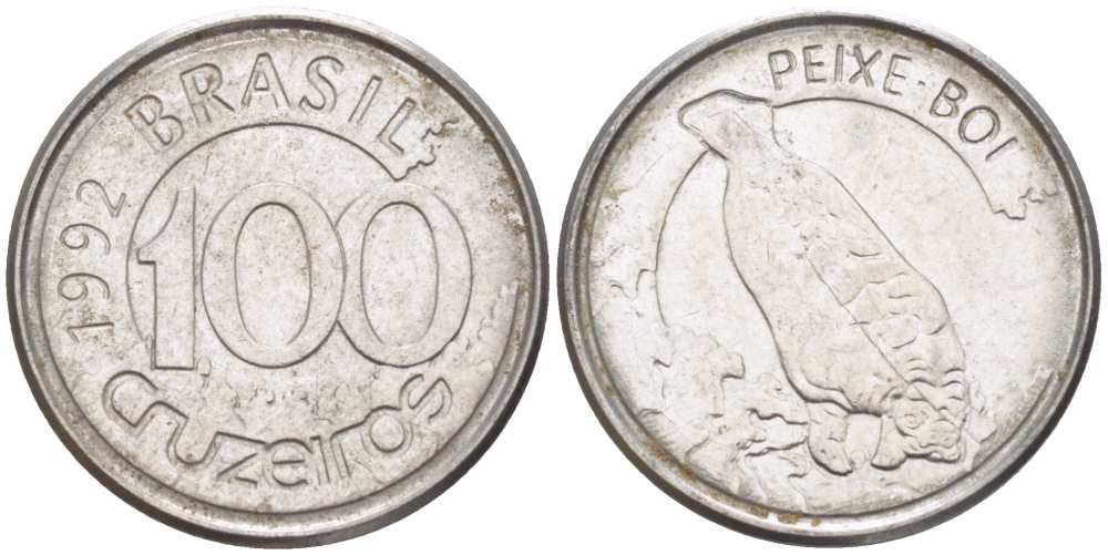 БРАЗИЛИЯ 100 КРУЗЕЙРО 1992 РЕФОРМА 1990-1993, ЛАМАНТИН KM 623 нержавеющая сталь 4387-767