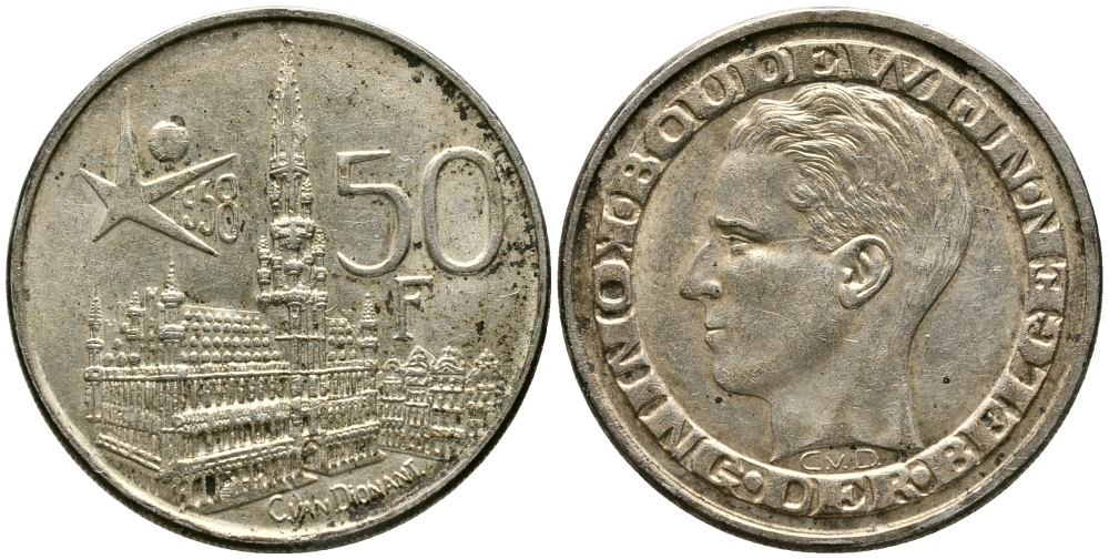 Бельгия 50 франков 1958 ВСЕМИРНАЯ ЯРМАРКА В БРЮССЕЛЕ, DER BELGEN KM 151.1 серебро 1526-1331