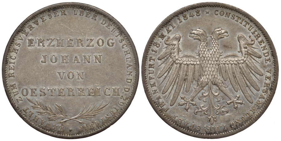 Франкфурт 2 гульдена 1848 эрцгерцог Иоганн Австрийский Dav. 644, Thun 135, KM 338, AKS 39 серебро 00-815-37