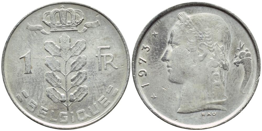 БЕЛЬГИЯ 1 ФРАНК 1973 BELGIQUE KM 142.1 медно-никель 4384-753
