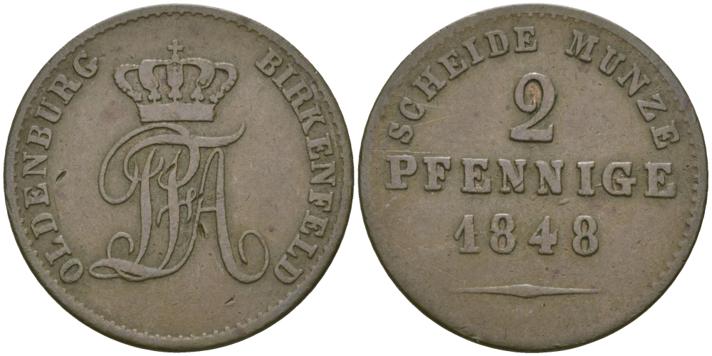 Ольденбург для Биркенфельда 2 пфеннига 1848 KM 7 медь 4044-542
