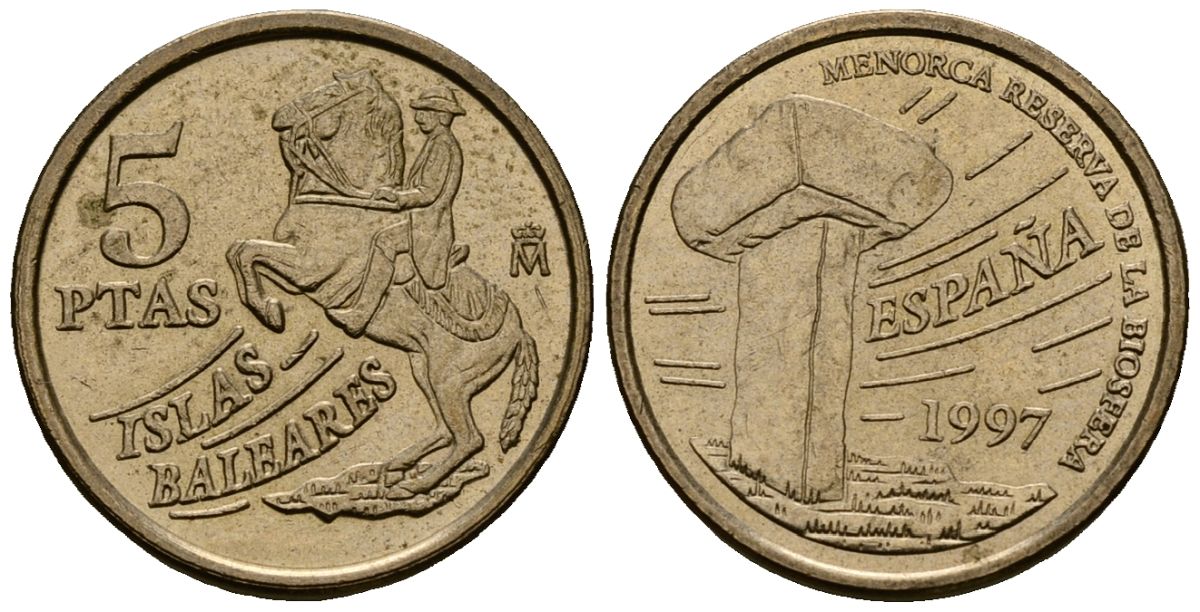 Испания 5 песет 1997 Хуан Карлос I (1975-2014), Балеарские острова, всадник KM 981 алюминиевая бронза 4173-713