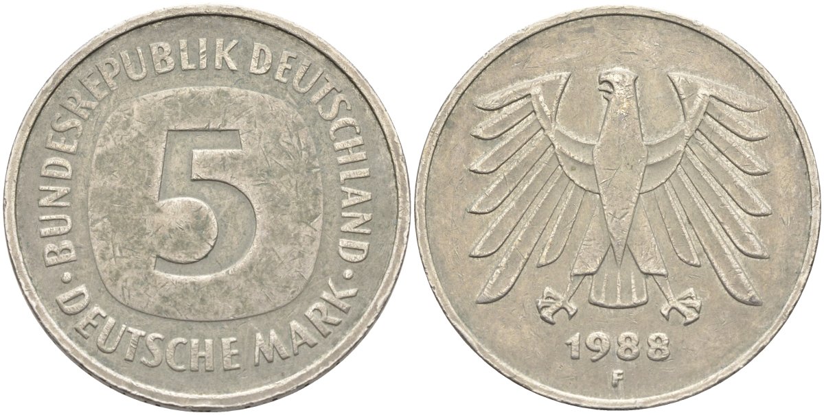 ФРГ 5 марок 1988 F KM 140.1, J.415 медно-никель 4139-124