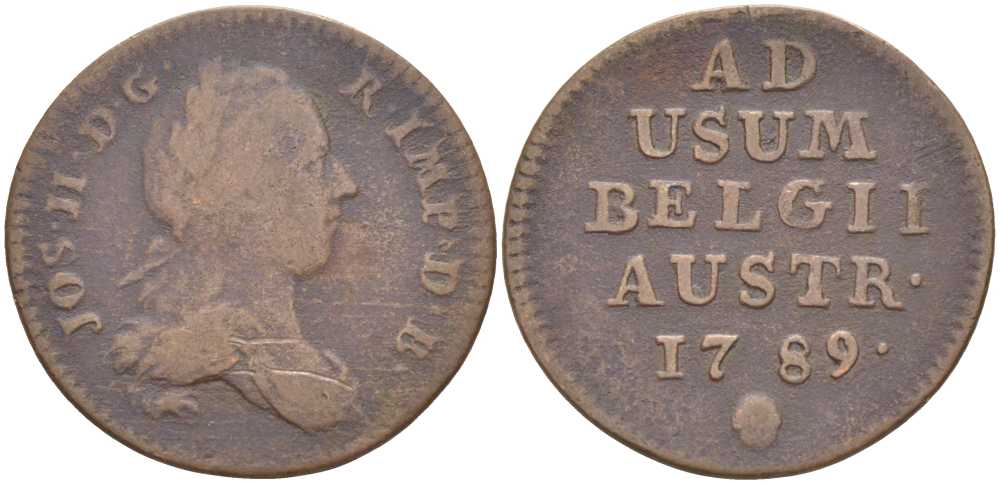 АВСТРИЙСКИЕ НИДЕРЛАНДЫ 1 ЛИАРД 1789 b, ИОСИФ II (1780-1790) МОНДВОР БРЕСЛАУ KM 30 медь 202-142