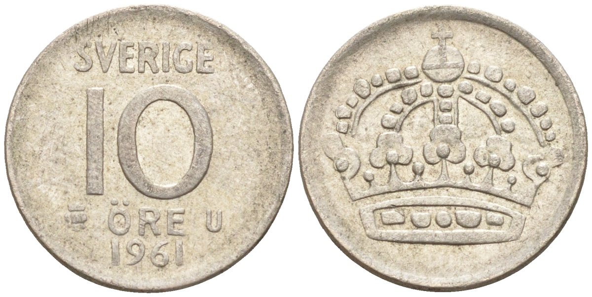 Швеция 10 эре 1961 Густав VI Адольф (1950-1973) KM 823 серебро 4147-932
