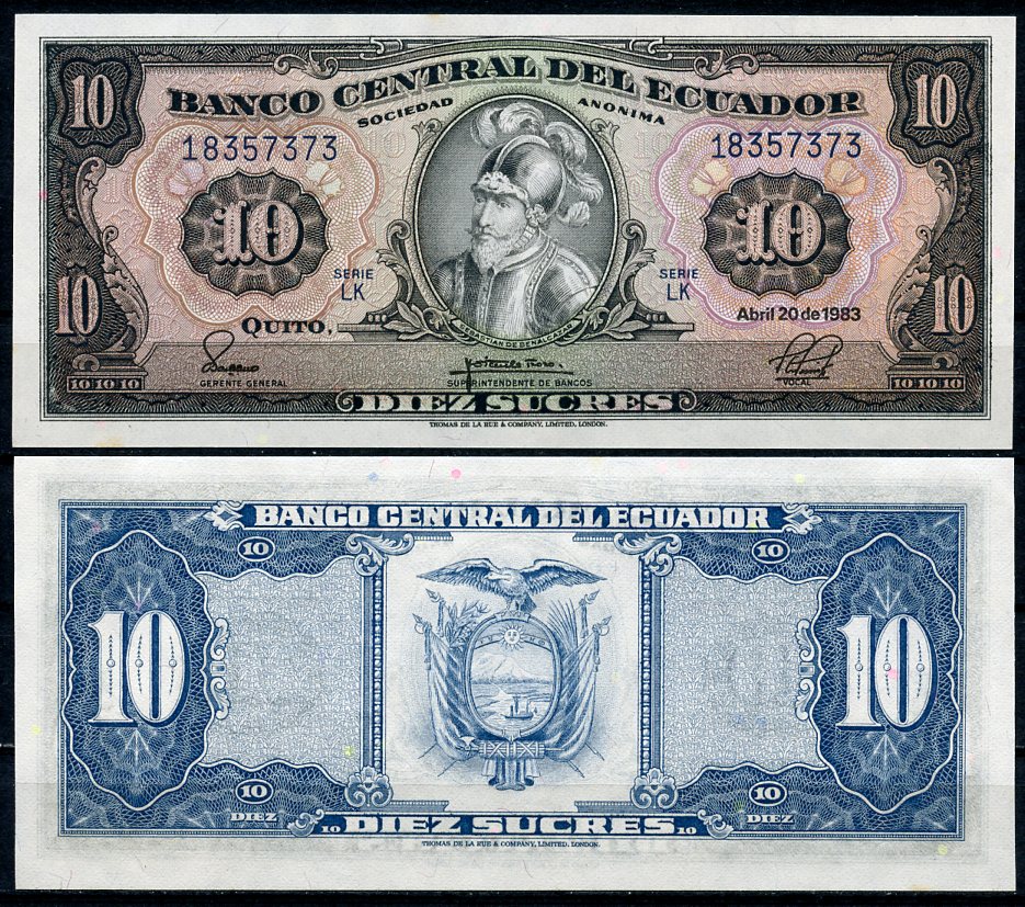 Эквадор 10 сукре 1983 Себастьян де Белалькасар, серия LK Pick 114 b  бумага  UNC (пресс) 447-86-2-2