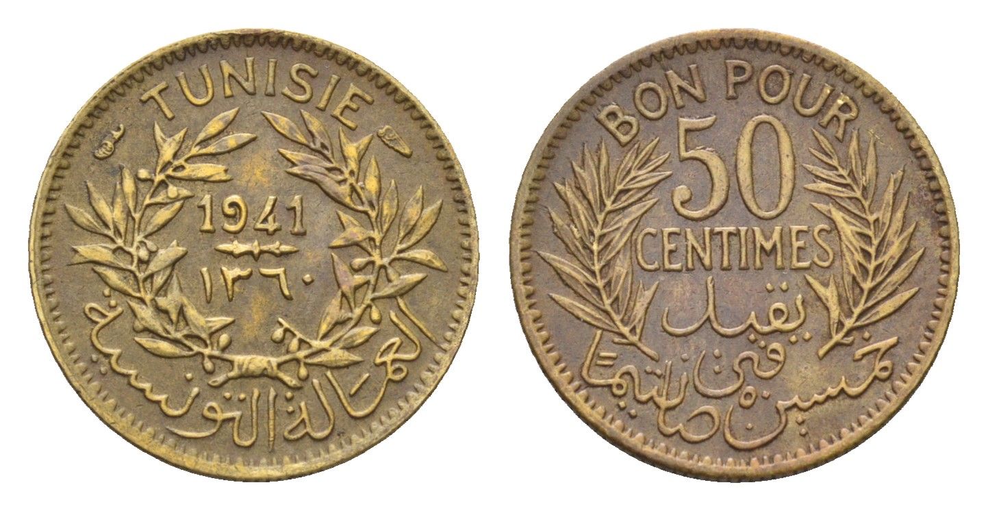 Тунис 50 сантимов 1941 KM 246 алюминиевая бронза 4669-516