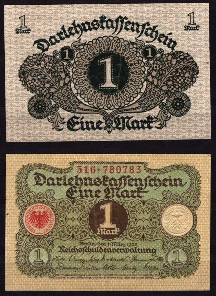 Германия 1 марка 1920 гербы, орнамент Pick 58 бумага 6289-54-1-2