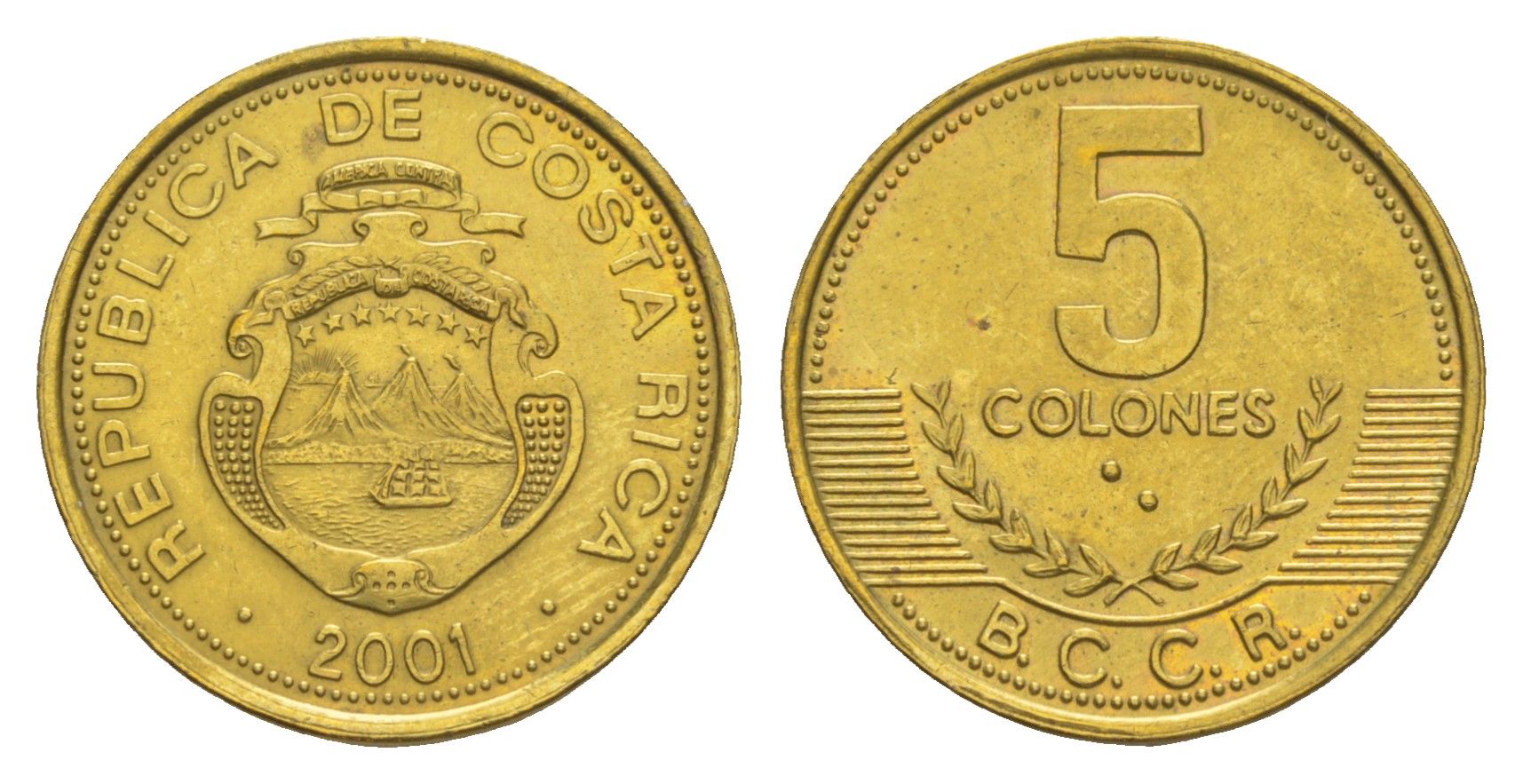 Коста-Рика 5 колонов 2001 KM 227a.2 латунь 4644-356