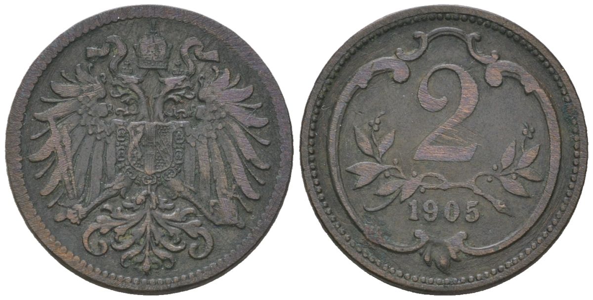 Австрия 2 геллера 1905 Франц Иосиф I (1848-1916) KM 2801 бронза 192-142