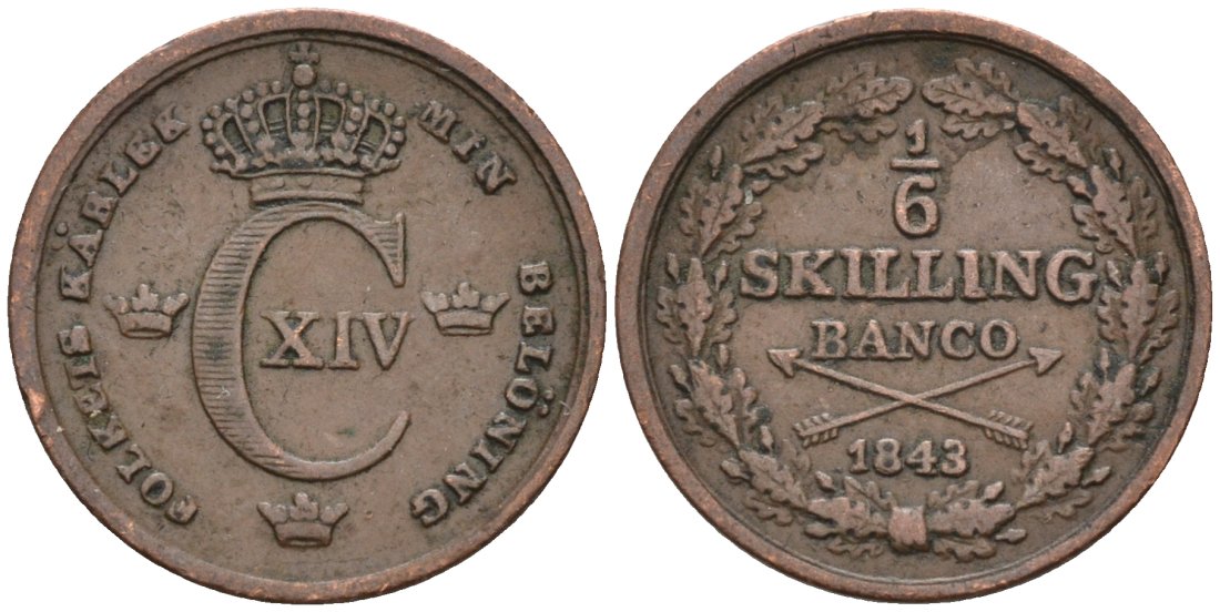 Швеция 1/6 скиллинга 1843 Карл XIV Юхан (1818-1844) KM 639 медь 188-1222