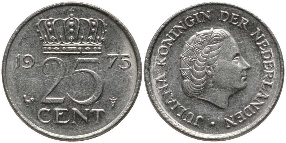 Нидерланды 25 центов 1975 Юлиана (1949-1980) KM 183 никель 112-746
