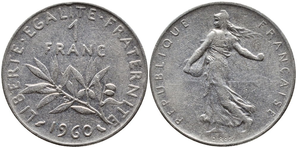 ФРАНЦИЯ 1 ФРАНК 1960 СЕЯТЕЛЬ KM 925.1, LE FRANC 226.4 никель 4393-213