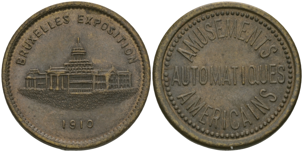 БЕЛЬГИЯ ЖЕТОН ИГРОВОЙ ND AMUSEMENTS AMERICAINS AUTOMATIQUES, БРЮСЕЛЬСКАЯ ВЫСТАВКА 1910 ГОДА латунь 98-836