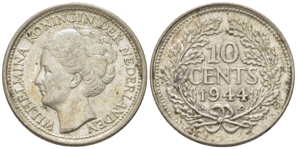 Нидерланды 10 центов 1944 Вильгельмина (1890-1948) KM 163 серебро aUNC 66-1242