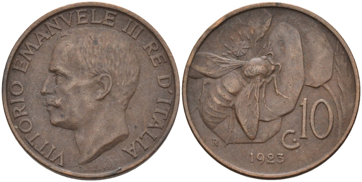 Италия 10 чентезимо 1923 R, пчела, Виктор Эммануил (1900-1946) KM 60 медь 4116-1247