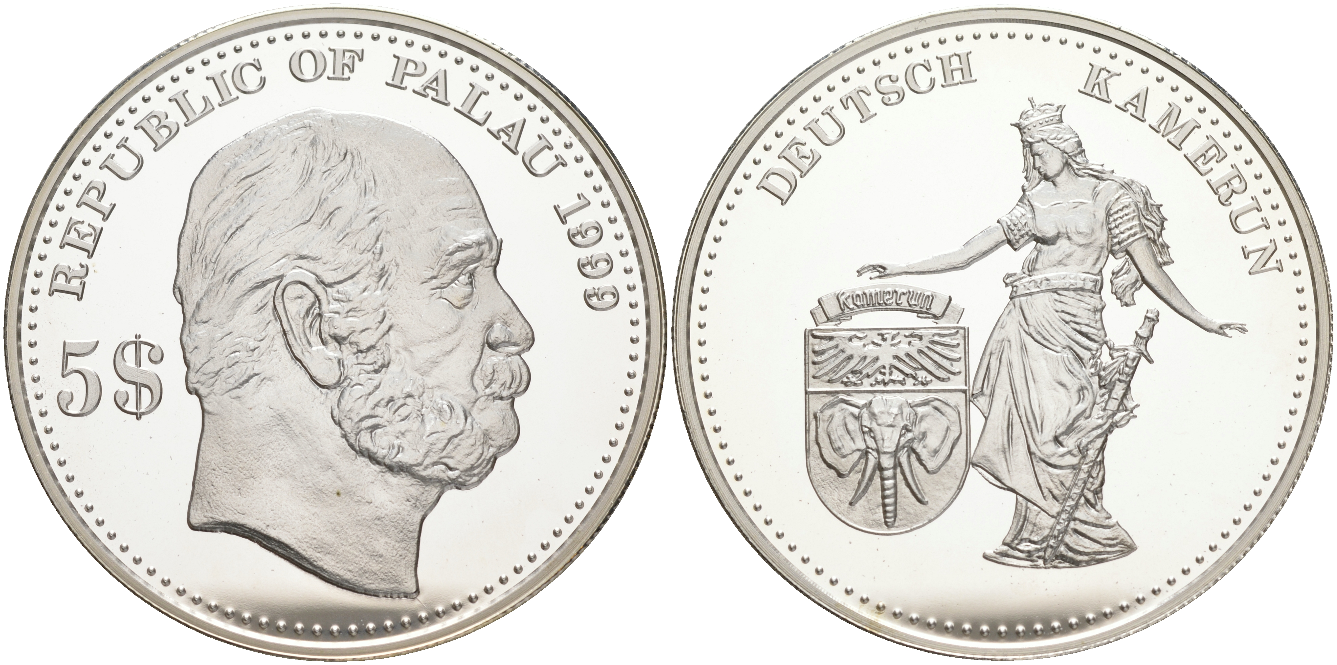 Палау 5 долларов 1999 немецкие колонии, Камерун KM 19 серебро PROOF 02-263-15