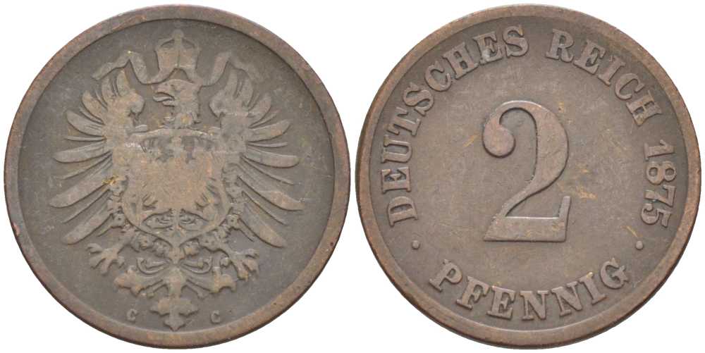 ГЕРМАНИЯ 2 ПФЕННИГА 1875 G, СТАРОГЕРБОВКА KM 2, J. 2 медь 175-241