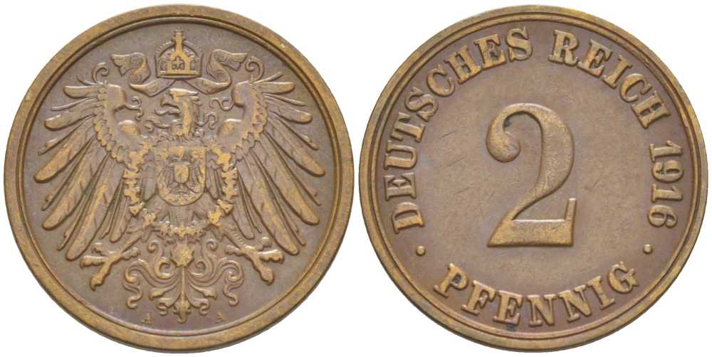 Германия 2 пфеннига 1916 A KM 16, J. 11, Weege 4 медь 206-664