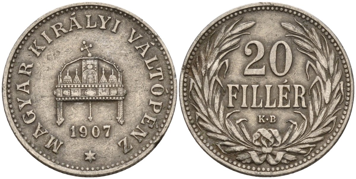 Венгрия 20 филлеров 1907 KB, Франц Иосиф I (1848-1916), редкий год KM 483 никель 4151-955