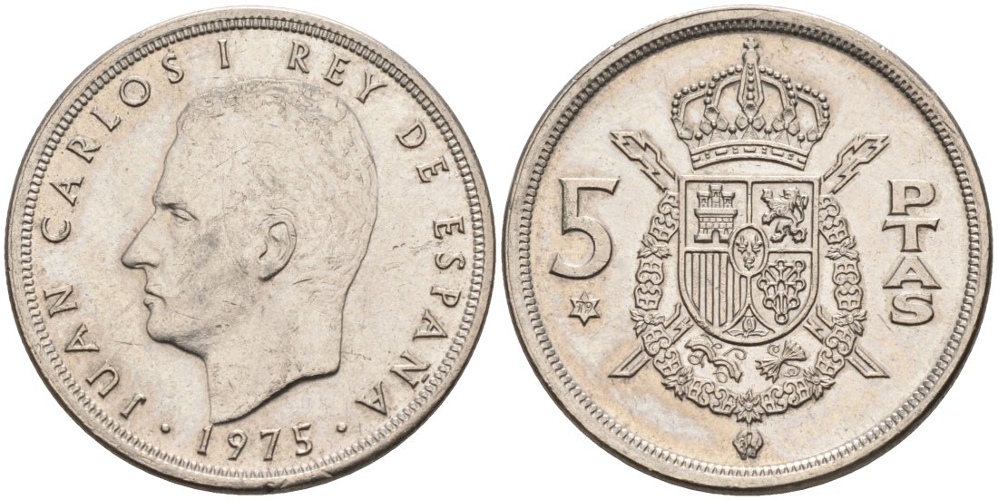 Испания 5 песет 1975 (79) Хуан Карлос I (1975-2014) KM 807 медно-никель 4571-1154