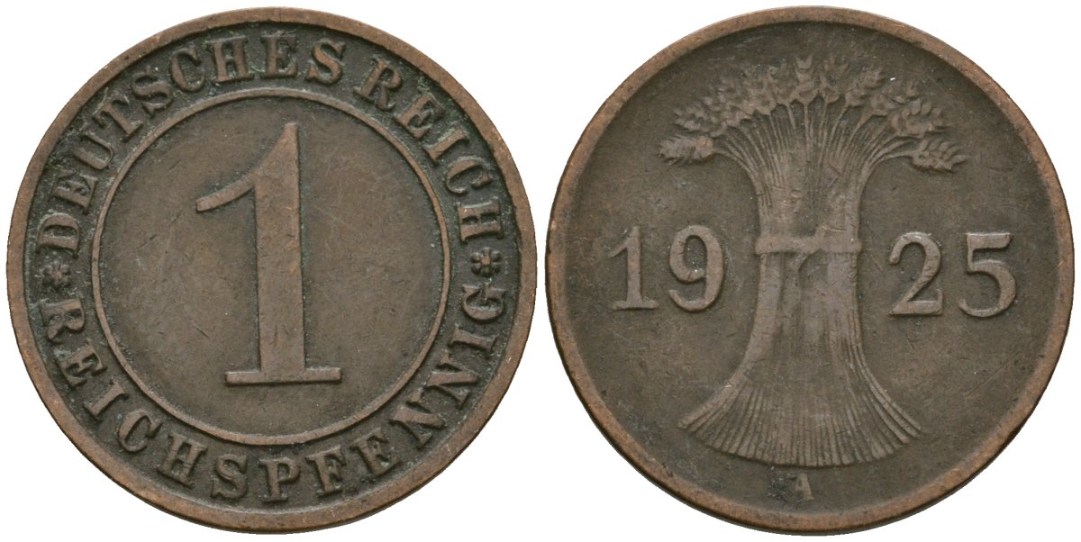 Германия 1 рейхспфенниг 1925 A KM 37, J. 313 бронза 4189-1064