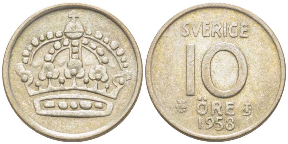 Швеция 10 эре 1958 TS, Густав VI Адольф (1950-1973) KM 823 серебро 116-1217