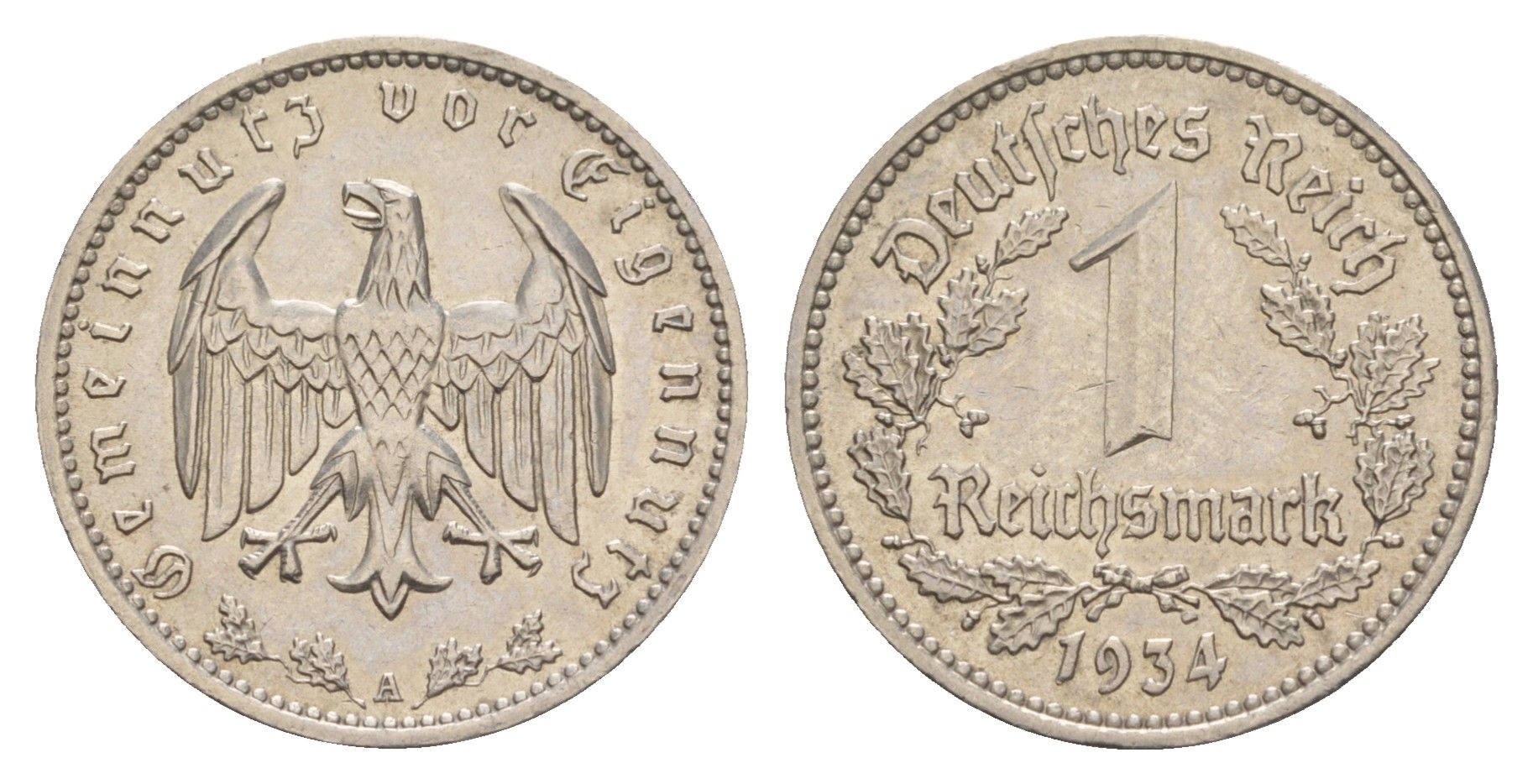 Германия 1 рейхсмарка 1934 A KM 78 никель aUNC 1528-125