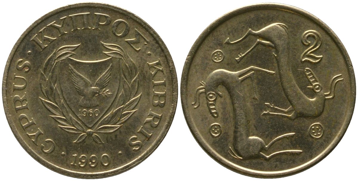 Кипр 2 цента 1990 KM 54.2 никель латунь 4158-257