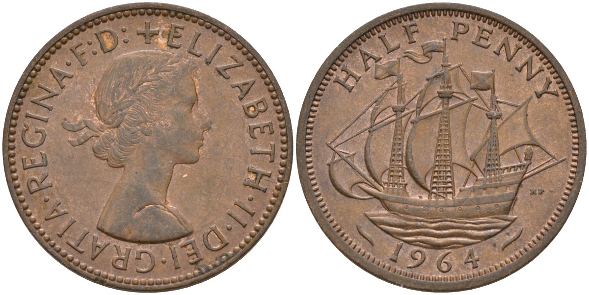 Великобритания 1/2 пенни 1964 Елизавета II (1952-2022) KM 896, Spink 4158 бронза 4146-313