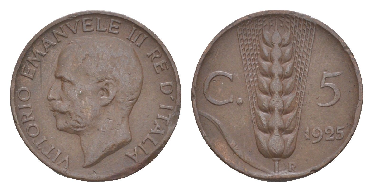 Италия 5 чентезимо 1925 R, колос, Виктор Эммануил (1900-1946) KM 59 медь 4547-714