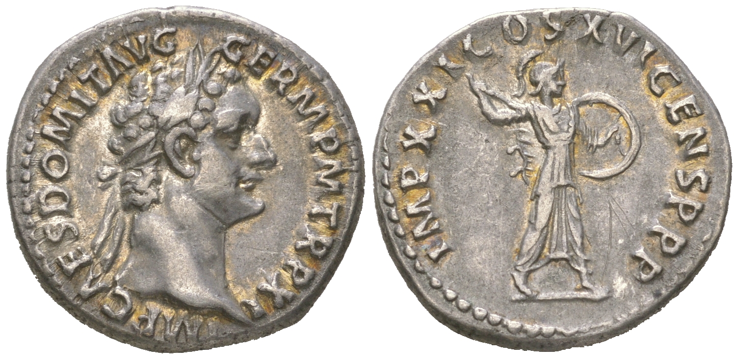 Римская Империя денарий 92 Домициан, IMP CAES DOMIT AVG GERM P M TR P XI, голова императора/IMP XXI COS XVI CENS P P P, Минерва, Рим, 3,60 гр, about extremely fine RIC 166 серебро 00-00