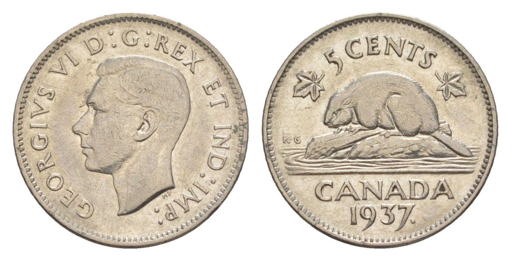 Канада 5 центов 1937 бобр Dot, Георг VI (1936-1952) KM 33 никель 4636-555