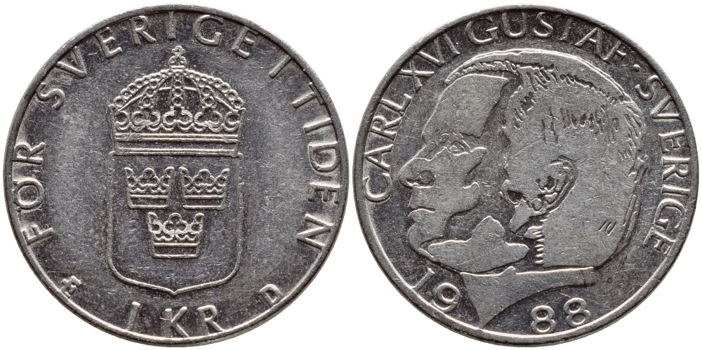 Швеция 1 крона 1988 Карл XVI Густав (1973- ) KM 852a медно-никель 4398-1216