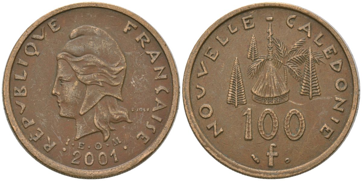 Французская Новая Каледония 100 франков 2001 хижина среди сосен и пальм, (IEOM) KM 15, Schoen 16, Lec 139e никель латунь 4144-714