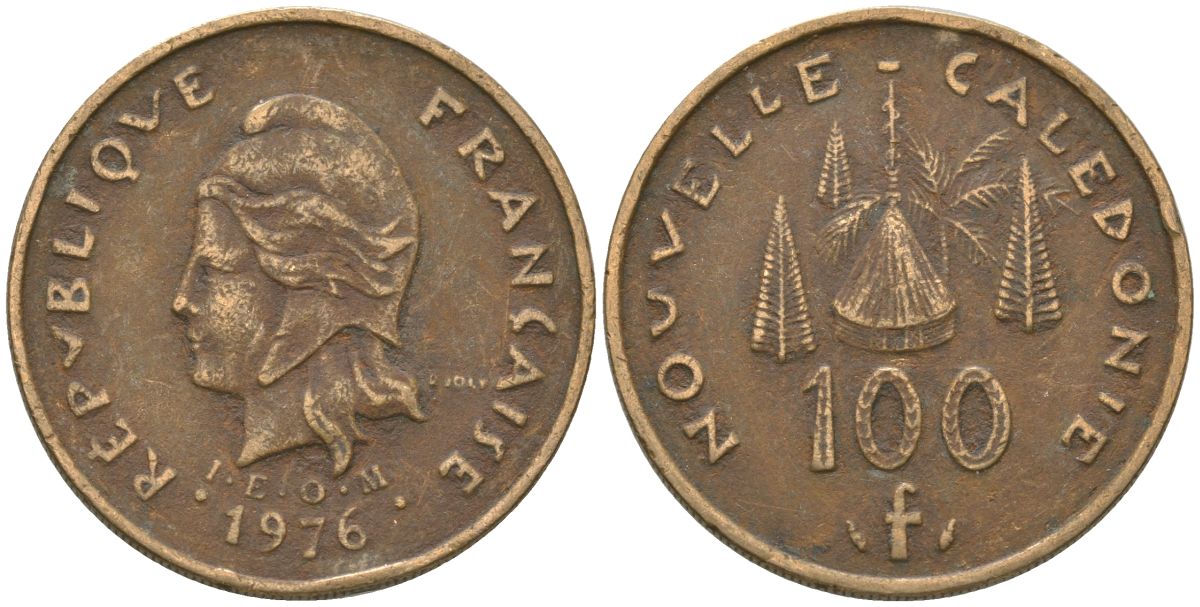 Французская Новая Каледония 100 франков 1976 хижина среди сосен и пальм, (IEOM) KM 15, Schoen 16, Lec 130 никель бронза 88-146