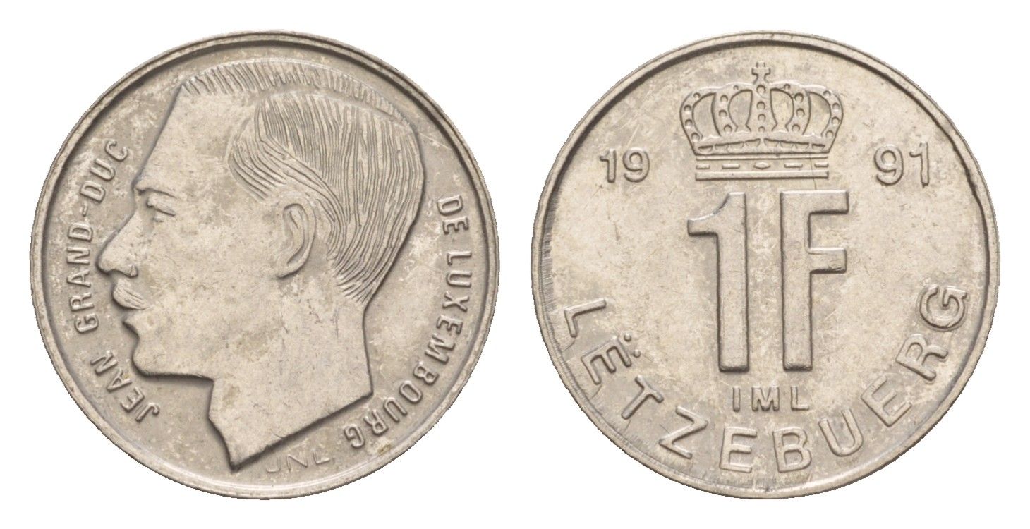 Люксембург 1 франк 1991 Герцог Жан (1964-1999) KM 63 сталь плакированная никелем 4658-314