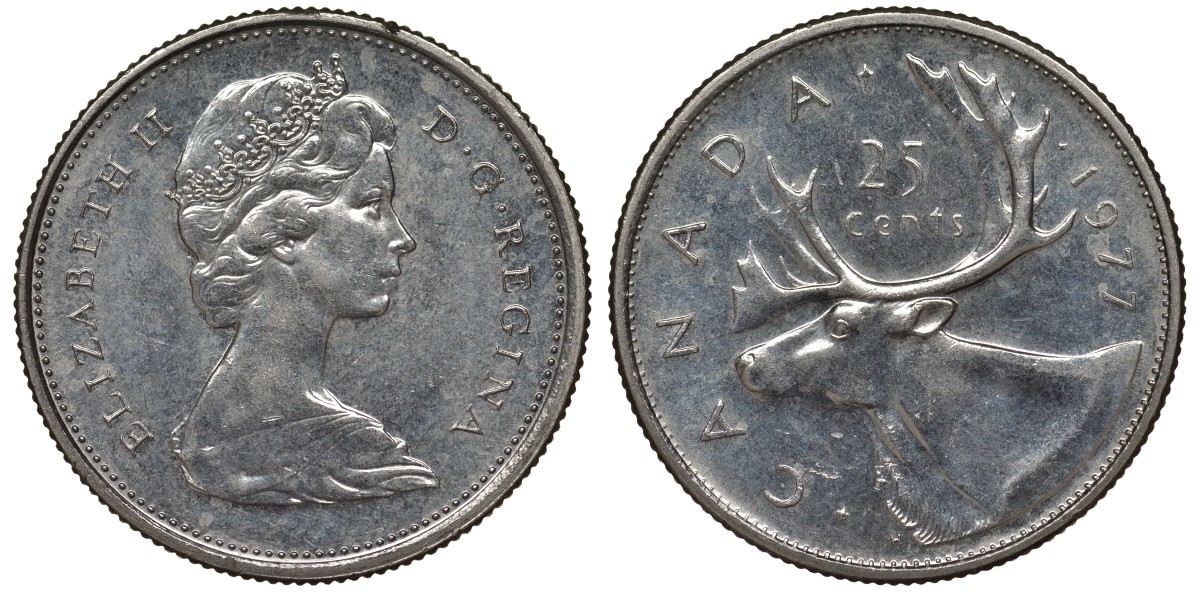 Канада 25 центов 1977 Елизавета II (1952-2022), олень карибу KM 62b никель 4128-651