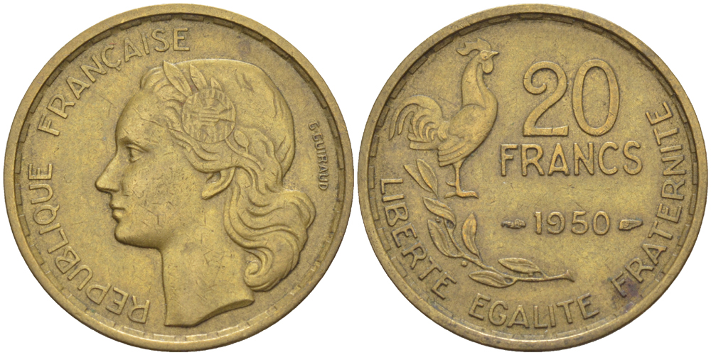 ФРАНЦИЯ 20 ФРАНКОВ 1950 ПЕТУХ, 4 ПЕРА KM 917.1, LE FRANC 402.3 алюминиевая бронза 76-1025