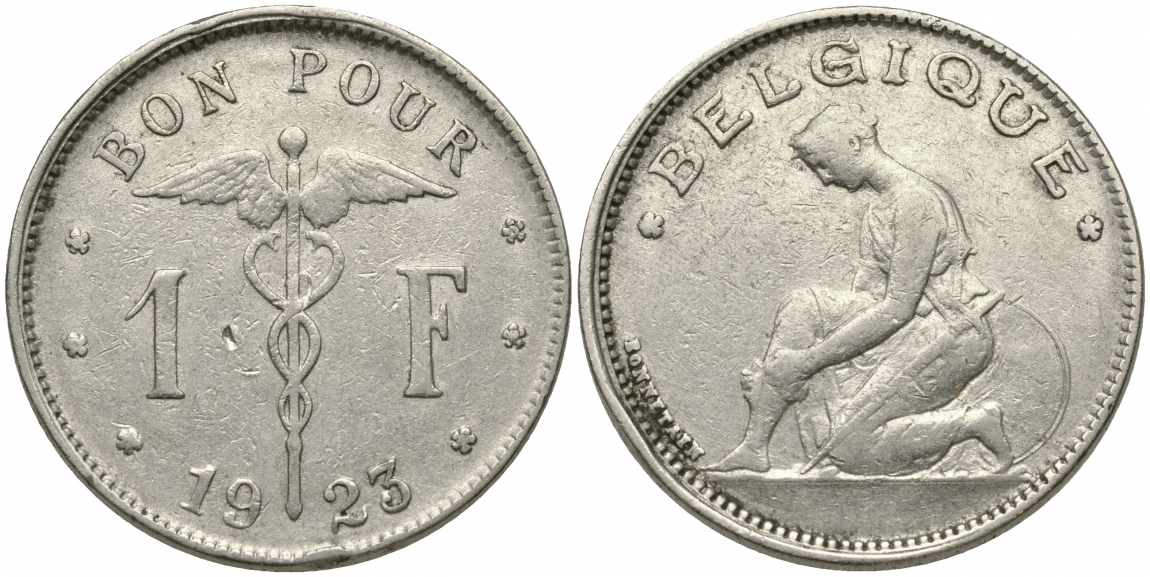 Бельгия 1 франк 1923 Belgique, Альберт I (1909-1934) KM 89 никель 51-1926