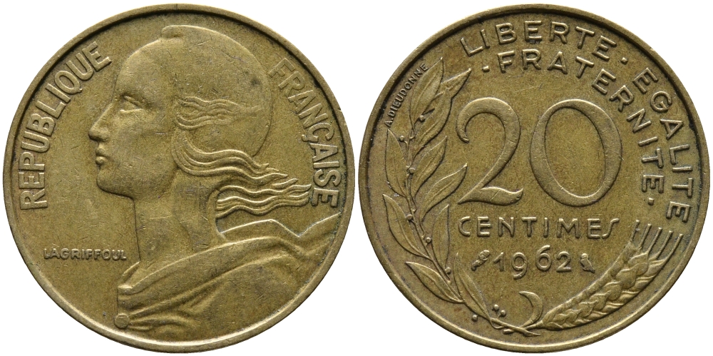 ФРАНЦИЯ 20 САНТИМОВ 1962 KM 930 медь алюминий никель 98-322