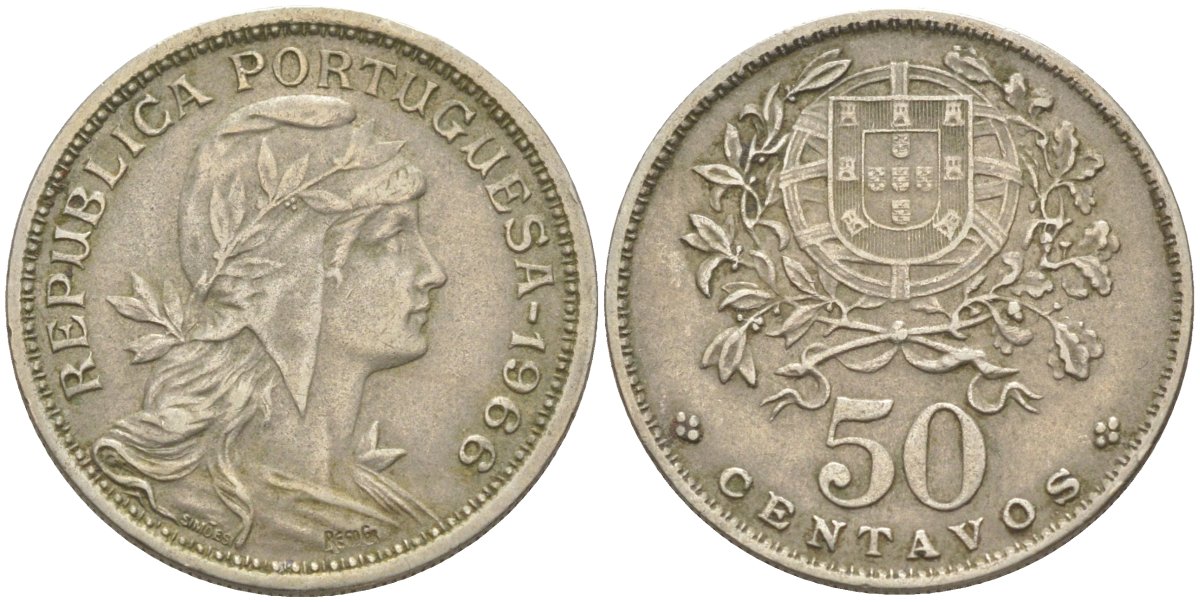 Португалия 50 сентаво 1966 голова Свободы вправо KM 577 медно-никель 219-856