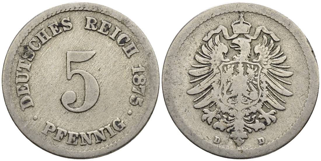 ГЕРМАНИЯ 5 ПФЕННИГОВ 1875 D, СТАРОГЕРБОВКА KM 3, Jager 3, Weege 5 медно-никель 4546-1033