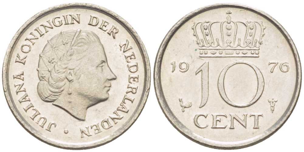 Нидерланды 10 центов 1976 Юлиана (1948-1980) КМ 182 никель 211-1223