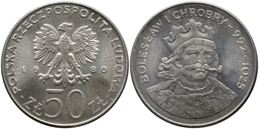 ПОЛЬША 50 ЗЛОТЫХ 1980 MW, СЕРИЯ ПОЛЬСКИЕ КОРОЛИ, БОЛЕСЛАВ I ХРАБРЫЙ (992-1205) KM 114 медно-никель UNC 441-941