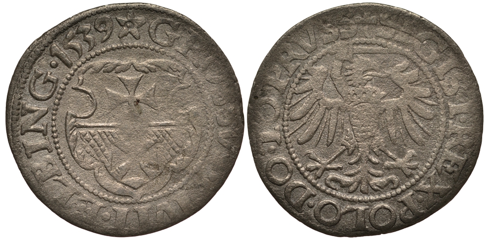 Польша, Эльблонг 1 грош 1539 Сигизмунд I Старый (1506-1548), король Польский и великий князь Литовский, вес 1,61 гр. серебро 1516-1343