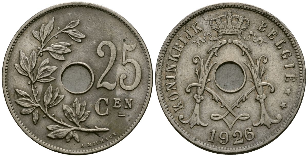 Бельгия 25 сантимов 1926 Belgie KM 69 медно-никель 4165-923